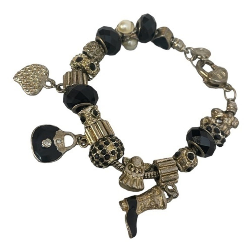Pandora Style Charm Bracelet 17 Black and Silvertone Charms